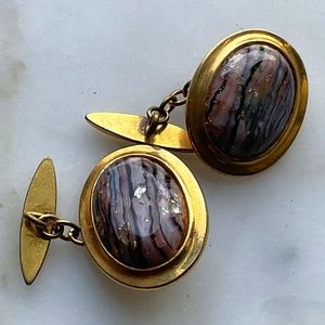 Vintage Agate Chocolate Brown Striated Gold Cuff Links